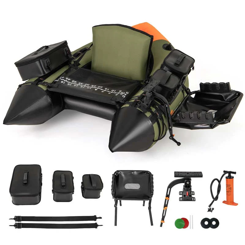 Inflatable Fishing Float Tube, 350LBS Portable Belly Boat with Rod Rack Basket, Fish Finder Holder, Fish Ruler, 3 Storage Boxes & Pump