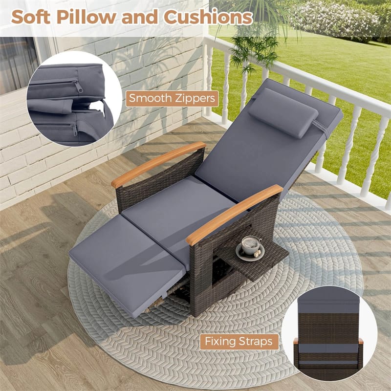 Outdoor Rattan 360�� Swivel Recliner Chair, Patio Wicker Chaise Lounge Chair with Adjustable Backrest & Footrest, Flip Side Table & Cushions
