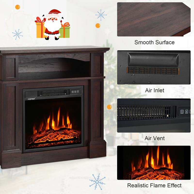 32" Electric Fireplace Mantel, Freestanding Wooden Surround Firebox with 1400W Fireplace Heater, Remote, Thermostat, 6H Timer