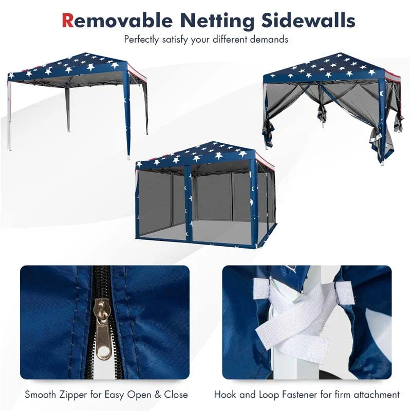 10 x 10 FT Pop Up Canopy Tent with Carry Bag & Netting, American Flag Printing Outdoor Gazebo