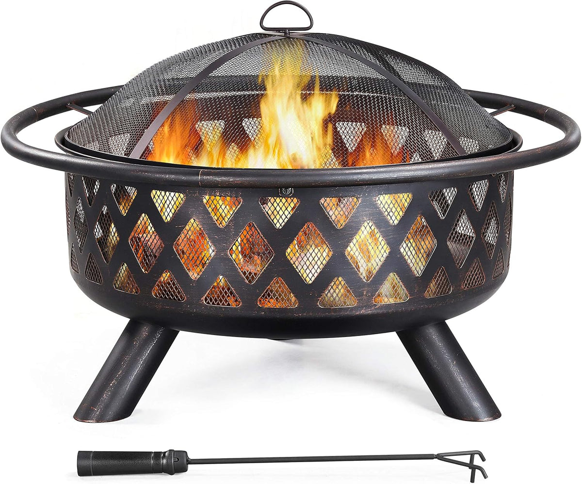 Yaheetech Fire Pit 36in Outdoor Wood Burning Fire Pits Wood Large Fire Bowl for Outside BBQ Bonfire Patio with Mesh Spark Screen, Poker and Rain Cover