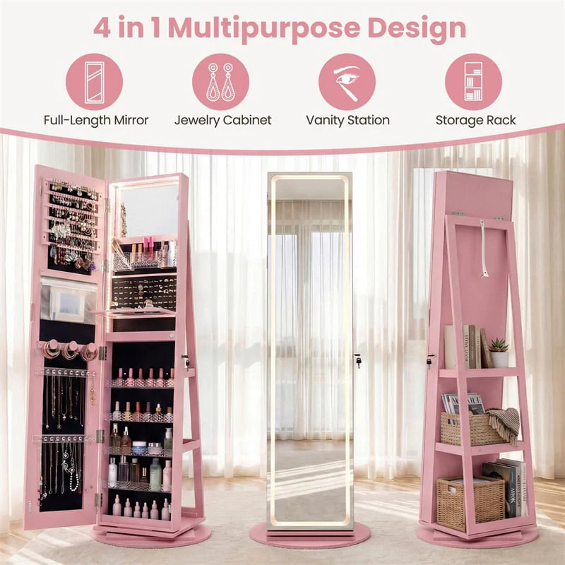 360�� Swivel Jewelry Cabinet Armoire w/ Full Length Mirror 3-Color LED Lights & Rear Shelves, Lockable Standing Jewelry Storage Organizer