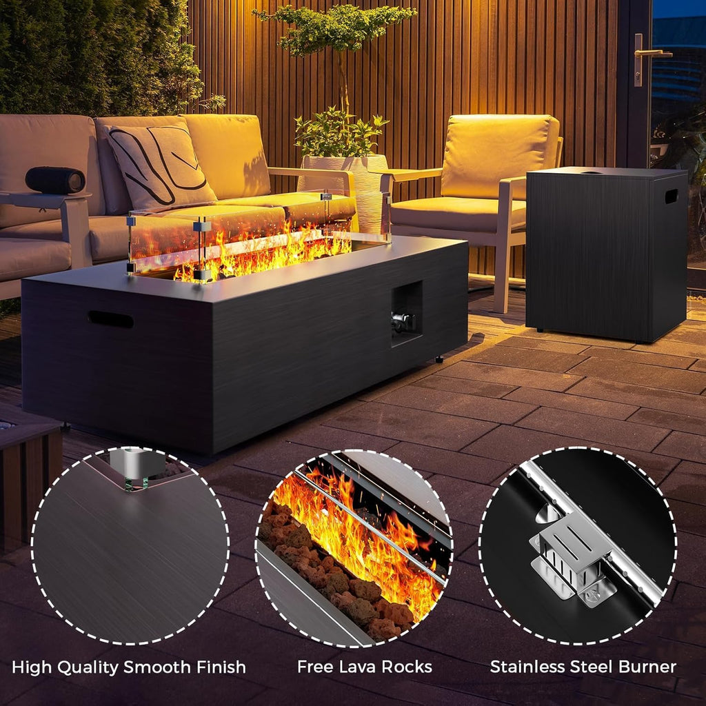 Jocoevol Fire Pit Table 50,000 BTU 42" Rectangular Propane Fire Pit Outdoor with Wind Guard Glass, Lid, Rocks and Cover Gas Fireplace for Deck or Patio