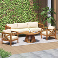Merax Outdoor 4-Piece Acacia Wood Conversation Set - Patio 3-Seat Loveseat Sofa w/Coushion, 2 Armchair and Round Coffee Table for Backyard, Lawn, Balcony, Teak + Beige