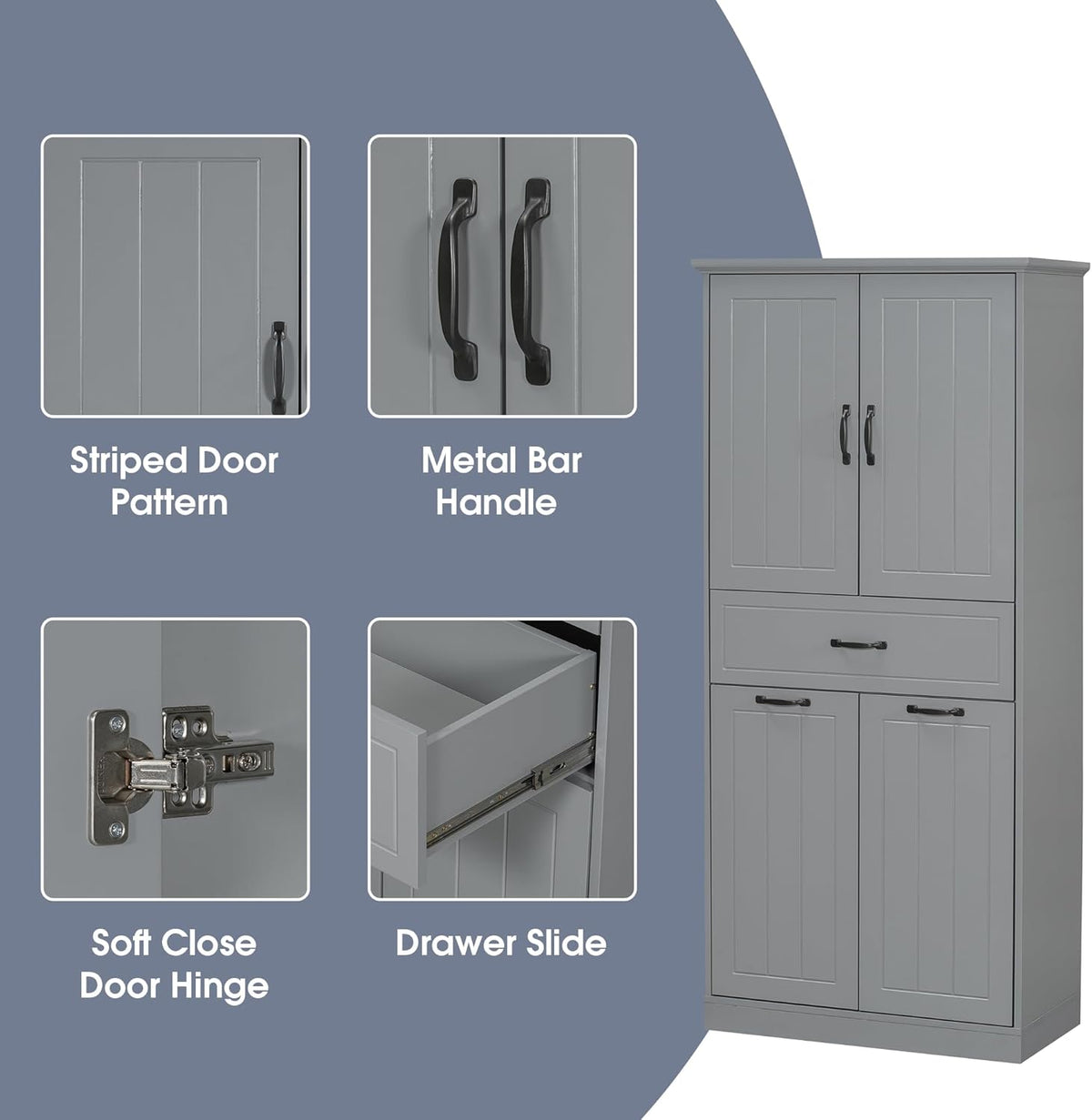 Christopher Knight Home 65.8" Tall Storage Cabinet, Modern Freestanding Large Cupboard with Drawer and Two Laundry Hampers, Bathroom Cabinet with Adjustable Shelf, Gray