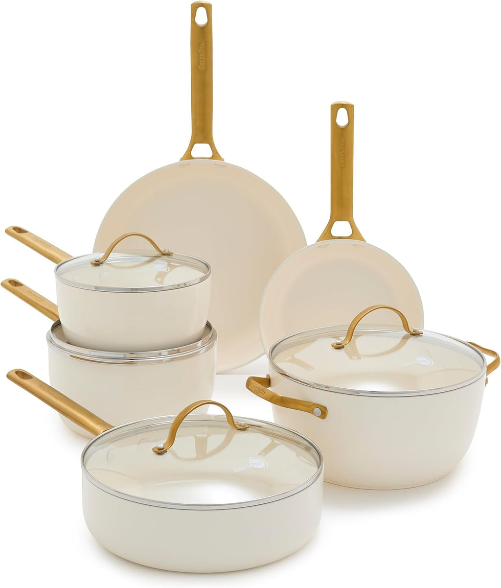 Reserve Hard Anodized Healthy Ceramic Nonstick 10 Piece Cookware Pots and Pans Set, Gold Handle, PFAS-Free, Dishwasher Safe, Oven Safe, Black