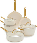 Reserve Hard Anodized Healthy Ceramic Nonstick 10 Piece Cookware Pots and Pans Set, Gold Handle, PFAS-Free, Dishwasher Safe, Oven Safe, Black