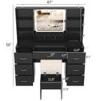 47" Large Vanity Desk with Lighted Mirror & Charging Station, Black Makeup Vanity with 7 Drawers & 6 Shelves, Vanity Set with Cushioned Stool