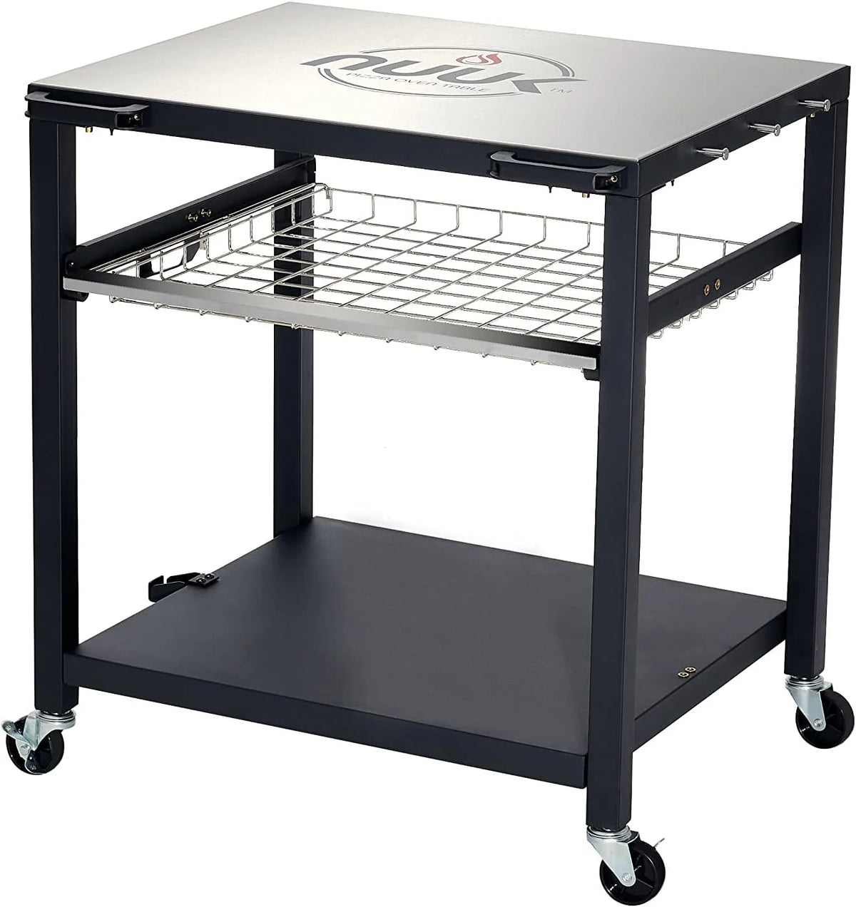 NUUK Outdoor Pizza Oven Table, Heavy Duty Rolling Prep Station with Three Shelves, 24′′x30′′, Stainless or Solid Steel