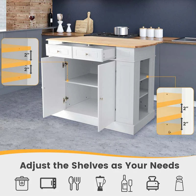47" x36" x36" Rubber Wood Top Kitchen Island with Drop Leaf, 2 Drawers, Kitchen Storage Cabinets, Spice Racks, Adjustable Shelves