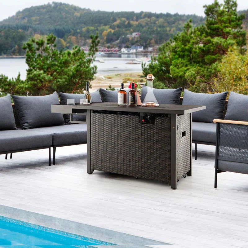52" 50,000 BTU Outdoor Wicker Gas Fire Pit Propane Fire Table with Waterproof Cover, Wind Guard & Extended Storage Shelf for Patio Backyard