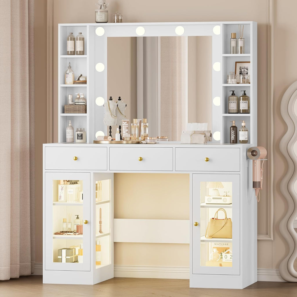 Makeup Vanity Desk with Mirror and Lights, White Vanity with Glass Top, LED Lights & Power Outlet, 3 Drawers & 2 RGB Glass Cabinets, Adjustable Lighted Dressing Table for Women & Girls Bedroom