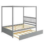 Full Size Canopy Bed with Trundle, Solid Wood Platform Bed Frame with Headboard, Full Bed for Kids Teens Adults
