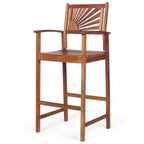 2-Pack Acacia Wood Bar Stools Outdoor Patio Bar Chairs with Sunflower Backrest & Curved Armrests