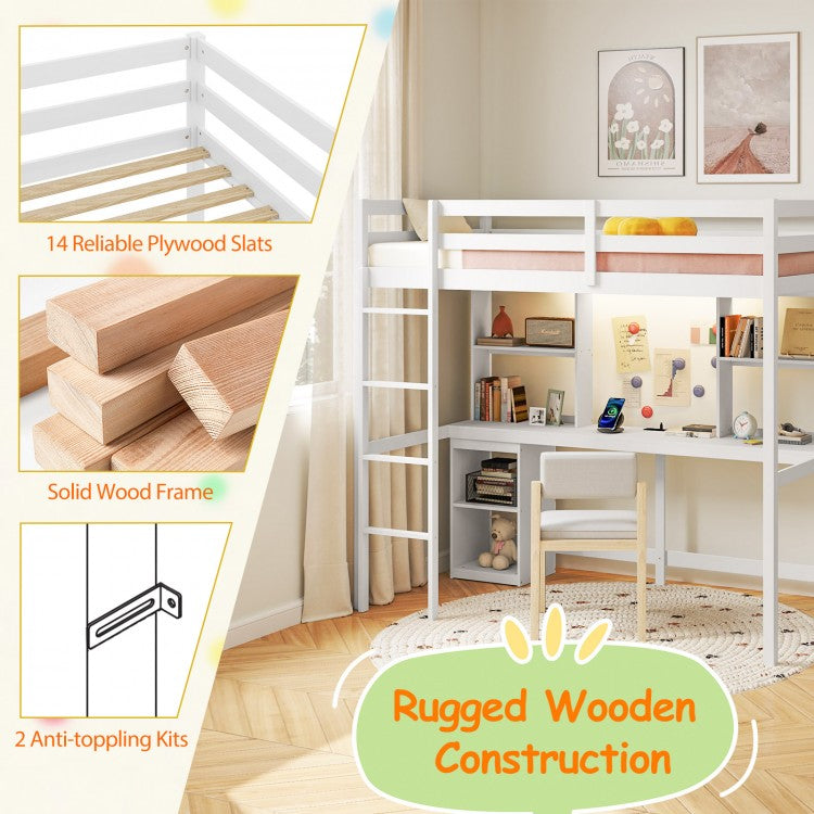 Twin Loft Bed with LED Light and Desk No Box Spring Needed