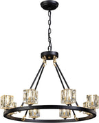 Black Wagon Wheel Chandelier, 8-Light Farmhouse Crystal Chandeleirs with Adjustable Height,Ceiling Hanging Light Fixture Pendant Lights for Living Room,Bedroom,Kitchen Island,Dining Room