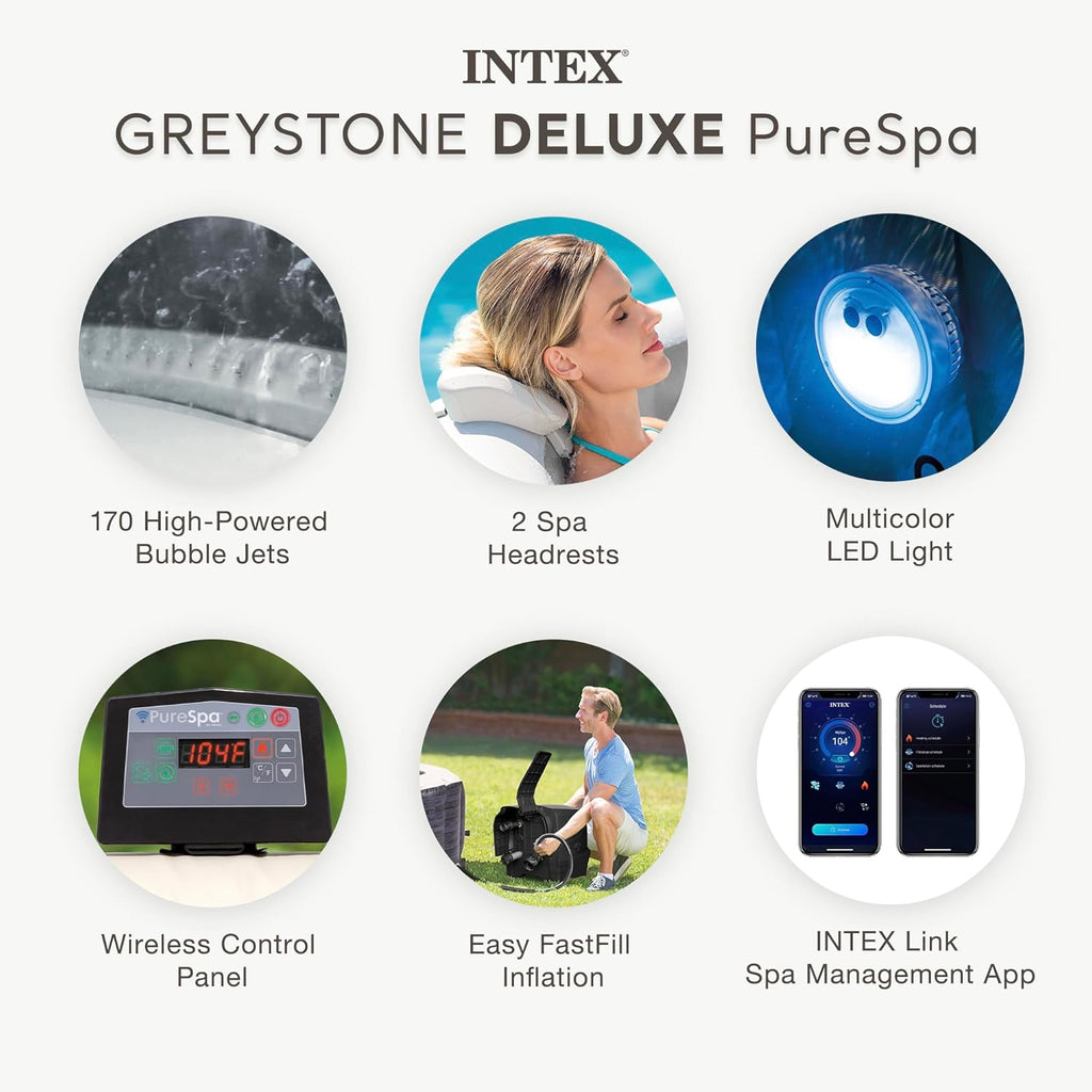 INTEX 28451EP PureSpa Greystone Deluxe Spa Set: Includes Energy Efficient Spa Cover and Wireless Control Panel �C Spa Control App �C Built-In FastFill Inflation System �C 6 Person Capacity �C 77" x 28"