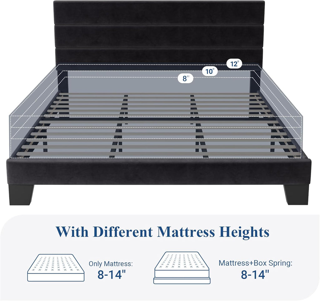 Allewie King Size Platform Bed Frame with Velvet Upholstered Headboard and Wooden Slats Support, Fully Upholstered Mattress Foundation/No Box Spring Needed/Easy Assembly, Black