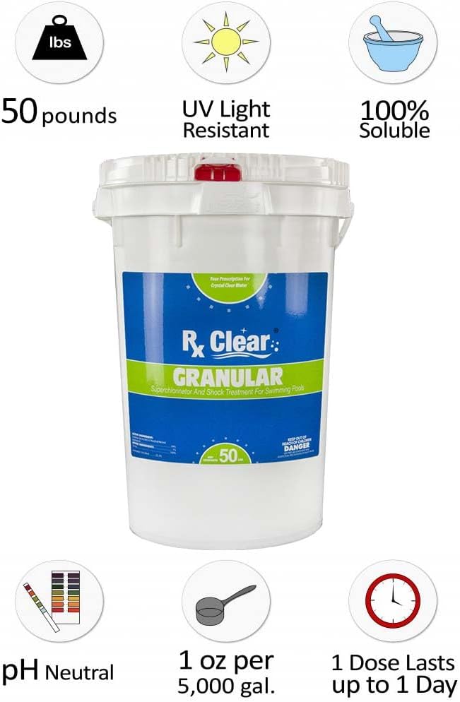 Clear Stabilized Granular Chlorine | One 50-Pound Bucket | Use As Bactericide, Algaecide, and Disinfectant in Swimming Pools and Spas | Fast Dissolving and UV Protected