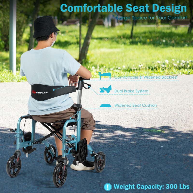 2 in 1 Rollator Walker Wheelchair Folding Medical Walker, Aluminum Transport Chair Mobility Walking Aid