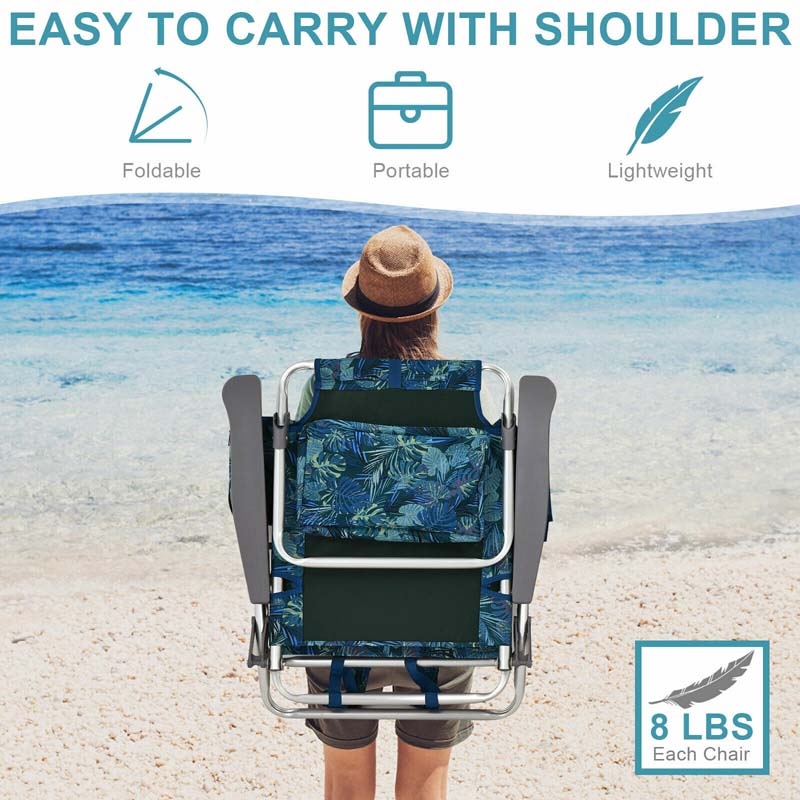 2-Pack Folding Beach Chair, Backpack Lawn Chairs, Sling Camping Chair, Patio Reclining Chairs with 5 Adjustable Position, Head Pillow