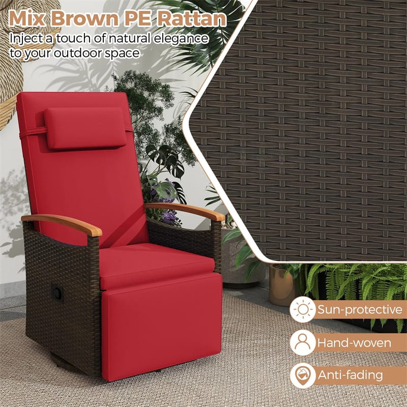 Outdoor Rattan 360�� Swivel Recliner Chair, Patio Wicker Chaise Lounge Chair with Adjustable Backrest & Footrest, Flip Side Table & Cushions