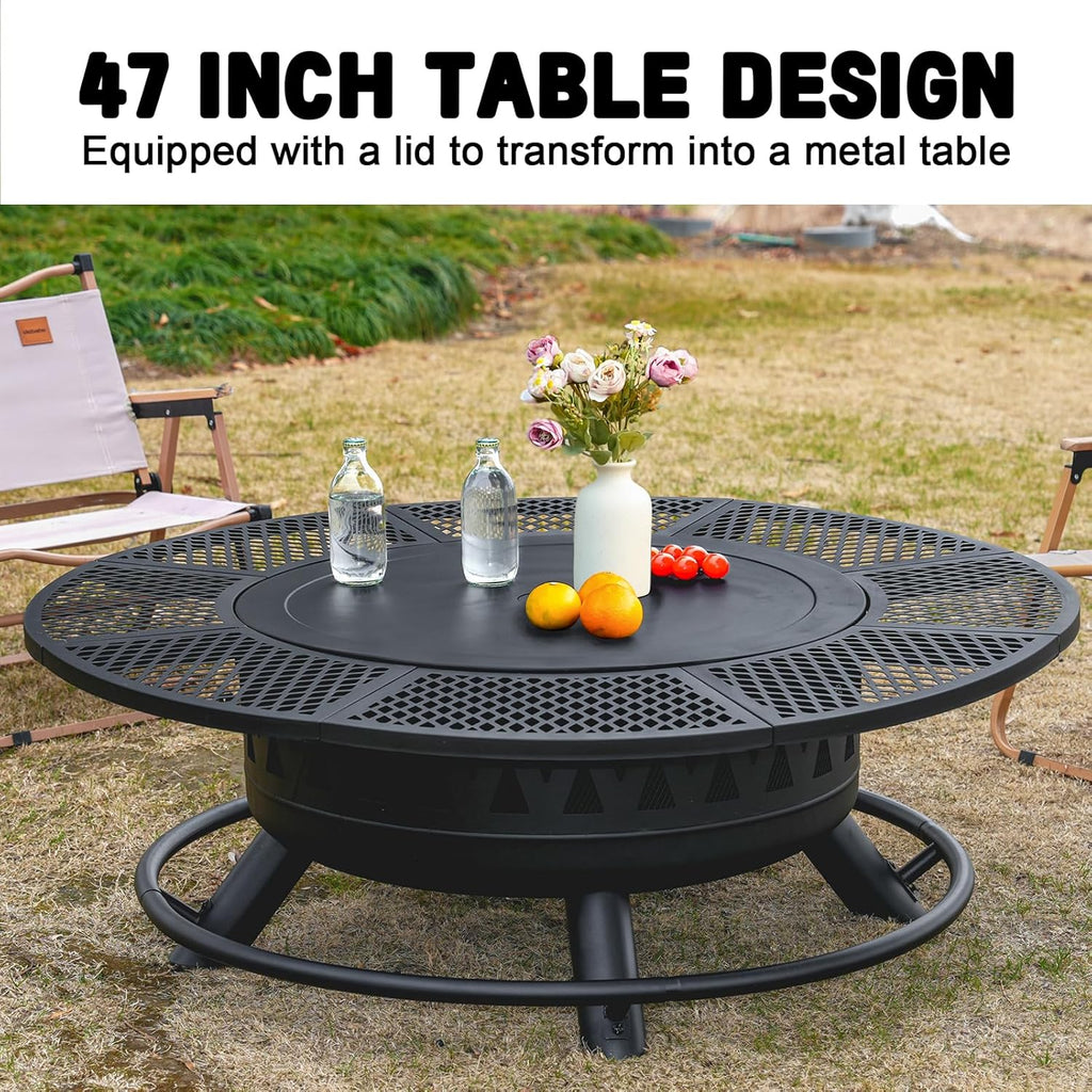 47 Inch Fire Pit with 2 Grills, Outdoor Extra Large Firepits for Outside, Wood Burning Fireplace for Camping,Picnic,Bonfire, 3-in-1 Round Metal Table with Lid for Backyard,Patio,Party