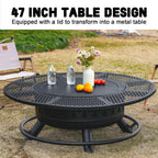 47 Inch Fire Pit with 2 Grills, Outdoor Extra Large Firepits for Outside, Wood Burning Fireplace for Camping,Picnic,Bonfire, 3-in-1 Round Metal Table with Lid for Backyard,Patio,Party