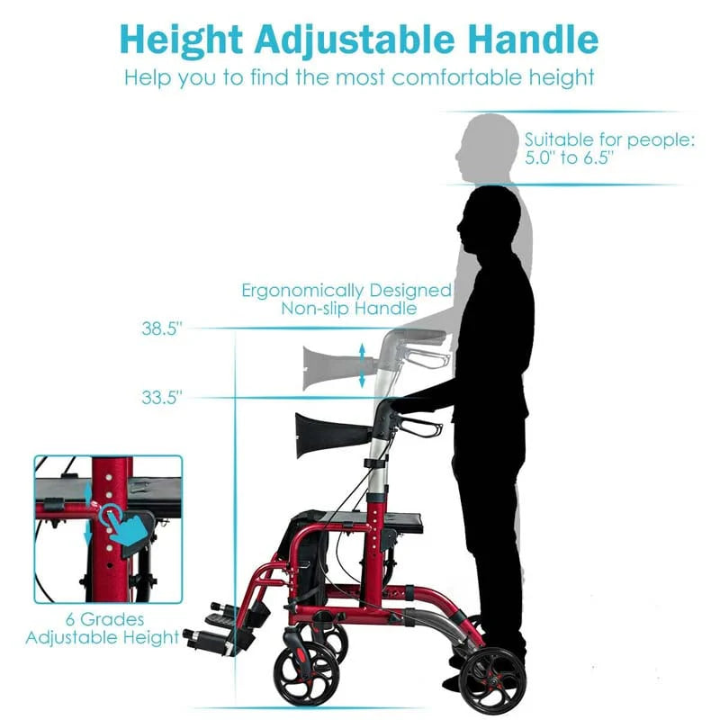 2 in 1 Rollator Walker Wheelchair Folding Medical Walker, Aluminum Transport Chair Mobility Walking Aid