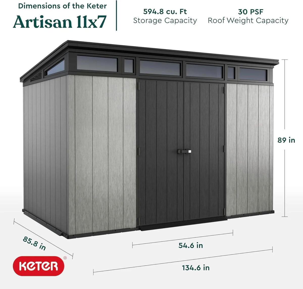 Keter Artisan 11x7 Modern Resin Outdoor Storage Shed Kit-Perfect to Store Patio Furniture, Garden Tools Bike Accessories, Beach Chairs and Lawn Mower, Grey & Black
