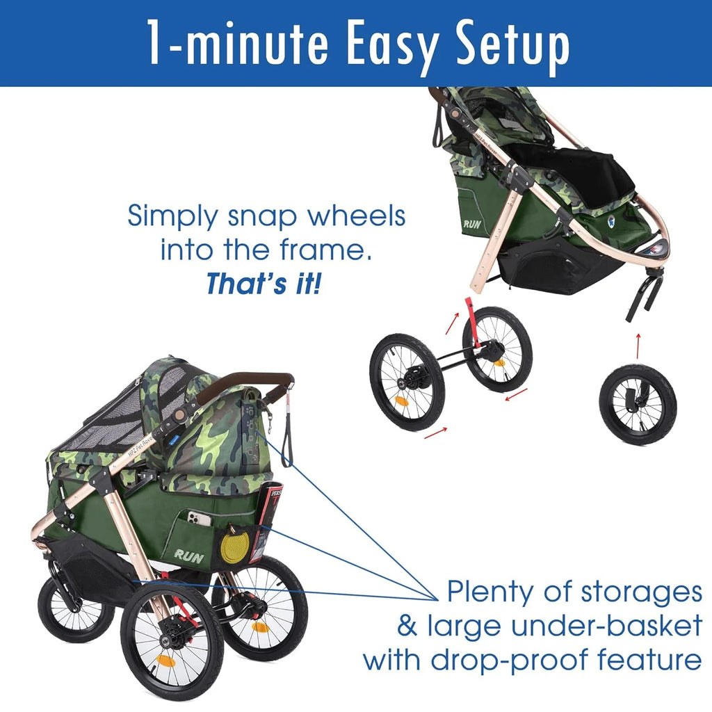 Jogging Sports Stroller with Comfort Rubber Wheels/Zipper-Less Entry/1-Hand Quick Fold/Aluminum Frame for Small/Medium Dogs, Cats and Pets (Green Camo)
