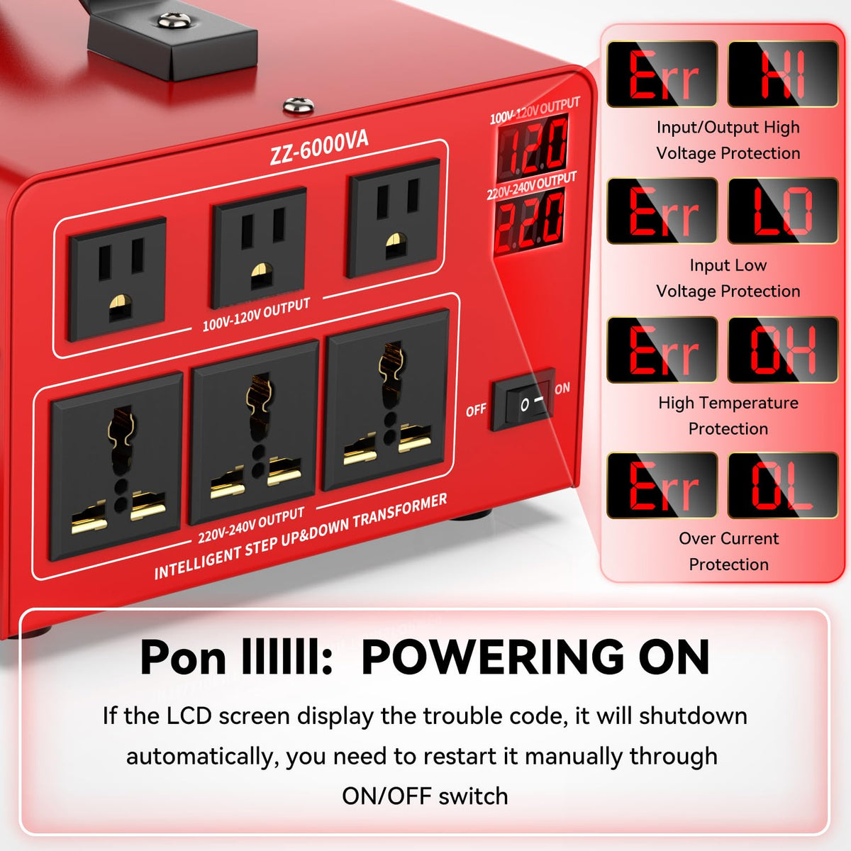 6000 Watt Voltage Converter Transformer Heavy Duty Step Up/Down Power Converter 220V to 110V, 110V to 220V with 3 US Outlets, 3 Universal Outlets, LCD Display, Circuit Breaker Protection