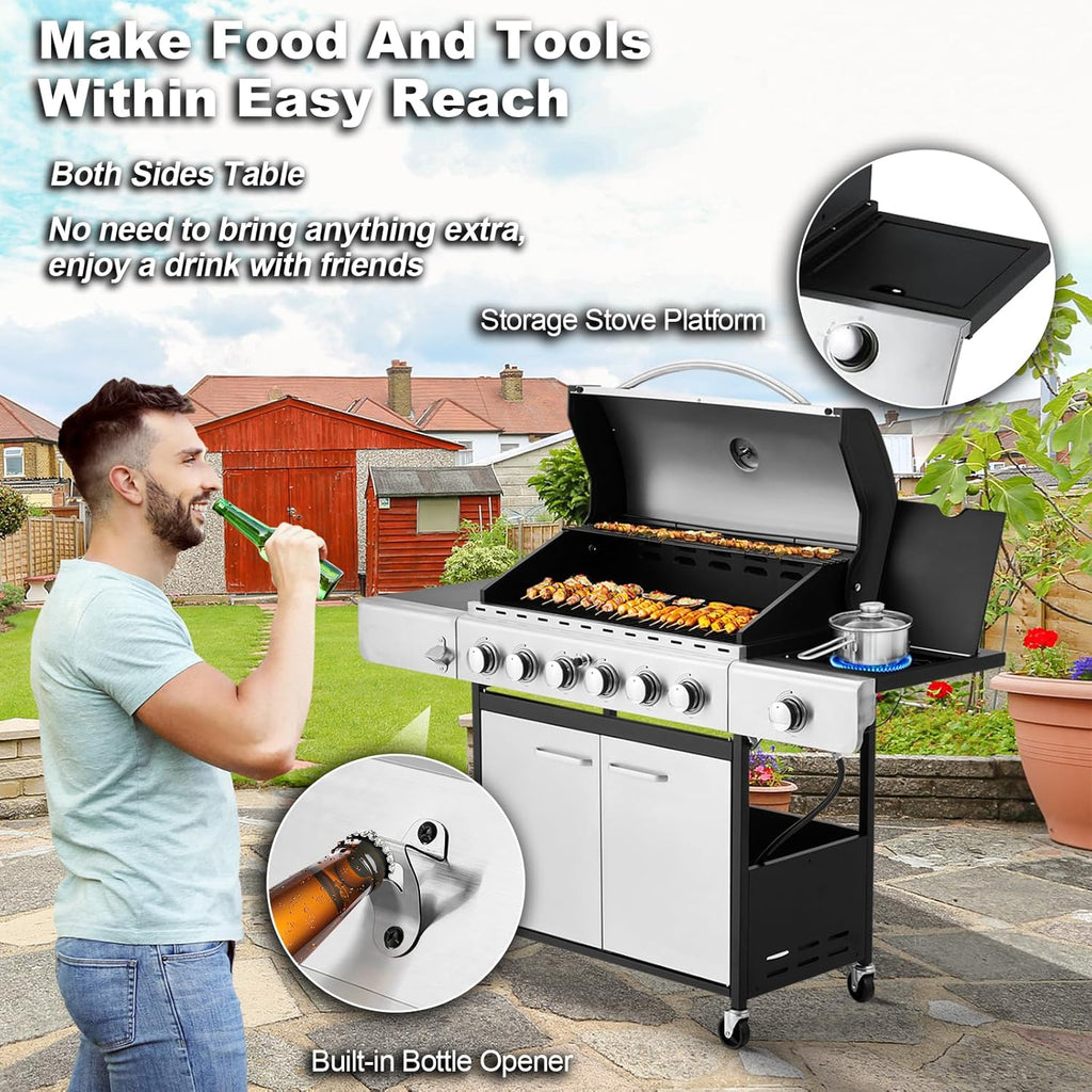 Upgraded 4 Burner BBQ Propane Gas Grill with Cast Iron Grates & Side Stove, 44,000 BTU Stainless Steel Burner Barbecue Grill for Patio, Camping, Outdoor Cooking MELLCOM