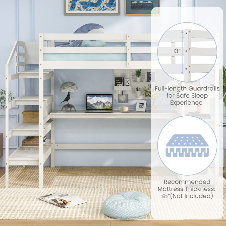 Twin Size Loft Bed with Desk and Storage Stairs Loft Bed Frame with Shelves and Safety Guardrails
