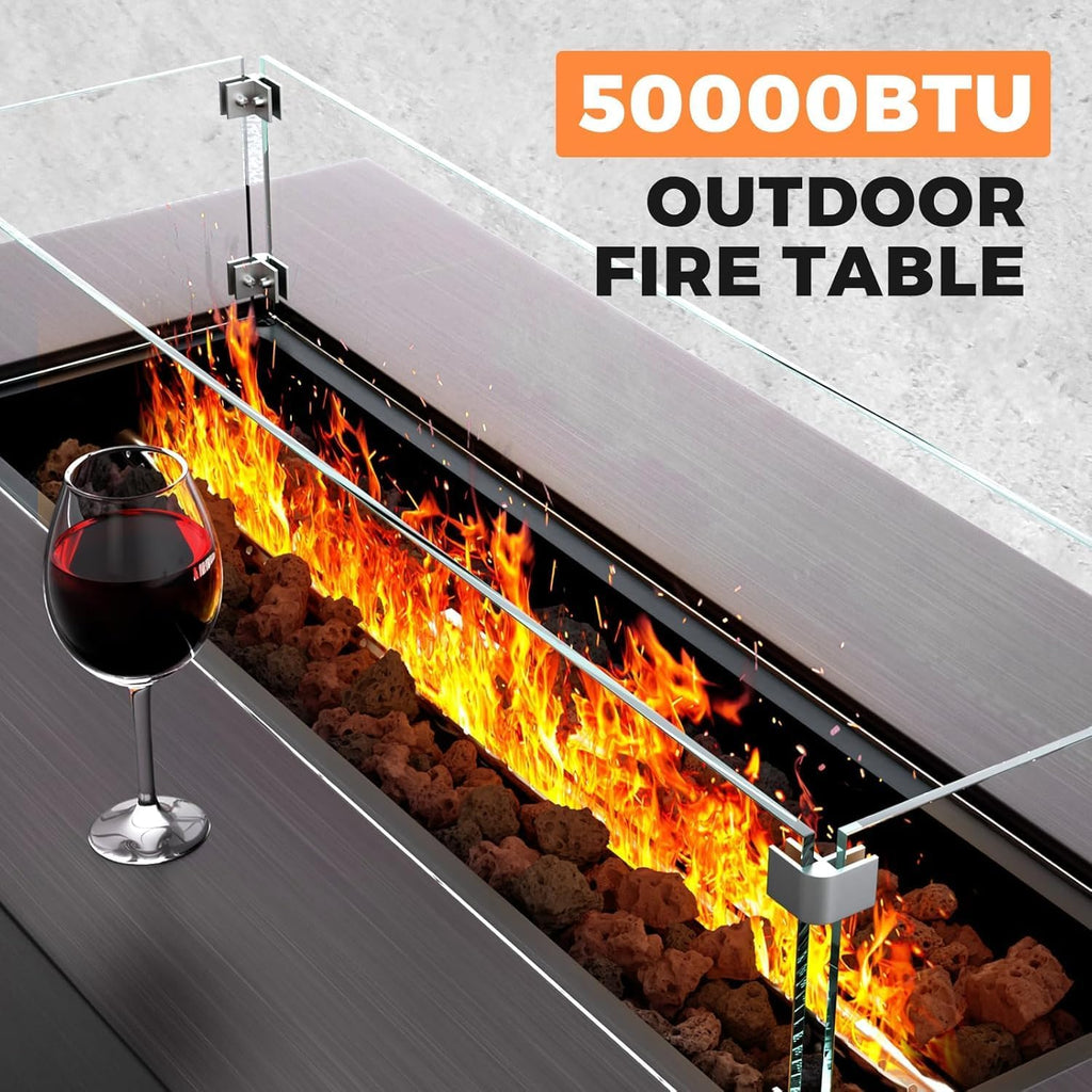 Jocoevol Fire Pit Table 50,000 BTU 42" Rectangular Propane Fire Pit Outdoor with Wind Guard Glass, Lid, Rocks and Cover Gas Fireplace for Deck or Patio