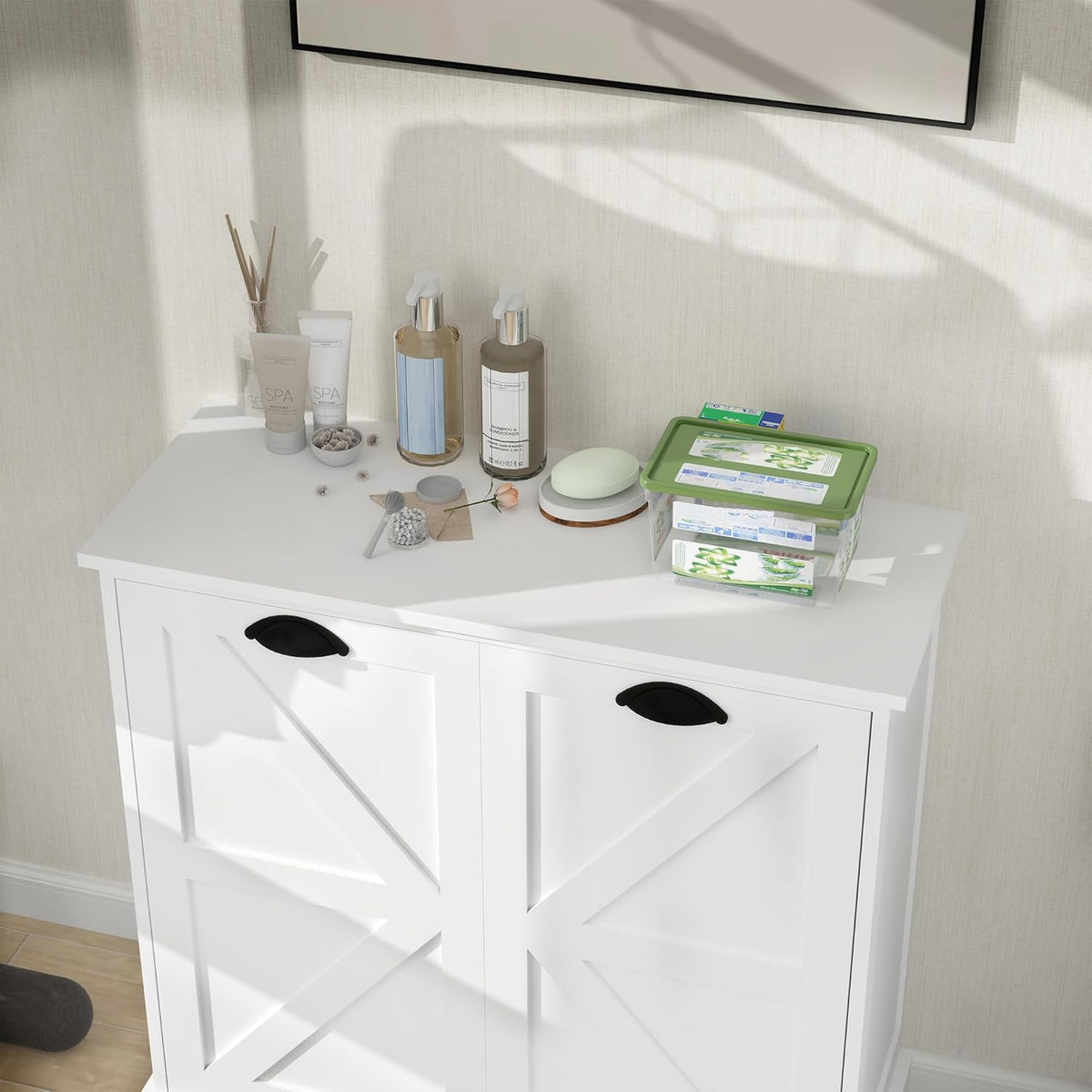 Tilt Out Laundry Hamper Cabinet with Basket, Removable Laundry Basket, Farmhouse Freestanding Hidden Trash Can Cabinet with Laundry Storage Basket for Bathroom, Kitchen