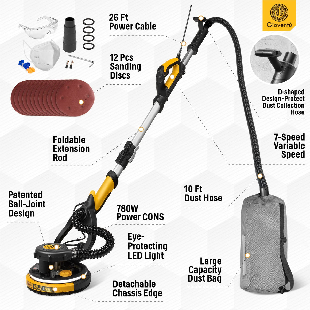 Giovent?? Electric Drywall Sander with Vacuum for Popcorn Ceiling