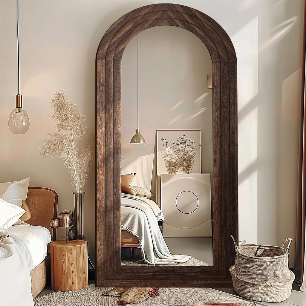 Arched Full Length Mirror with Solid Wood Frame, 71x32 Farmhouse Wall Mounted Floor Mirror with Stand, Vertical Hanging, Leaning Standing for Bedroom, Living Room, Brown