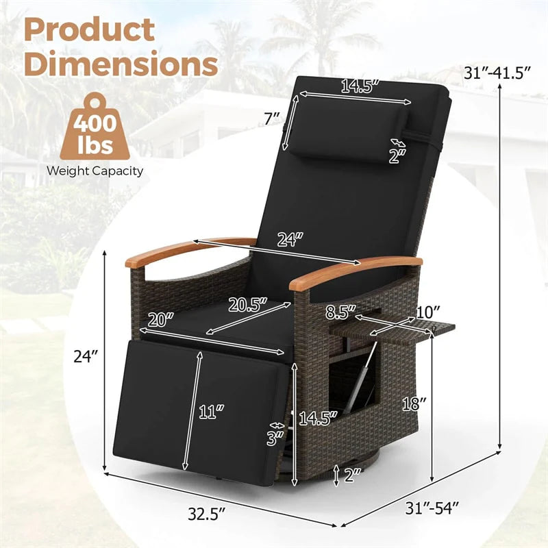 Outdoor Rattan 360�� Swivel Recliner Chair, Patio Wicker Chaise Lounge Chair with Adjustable Backrest & Footrest, Flip Side Table & Cushions