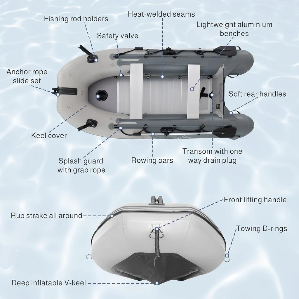Inflatable Boat | Yacht Dinghy Tender Raft | Multi Person Fishing Boat | Aluminum Floor Oars | Fishing Rod Holders | Heavy-Duty PVC | 2024 Model |