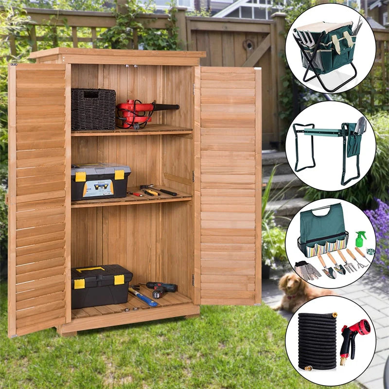 63" Wooden Outdoor Storage Shed Garden Tool Cabinet Waterproof Portable Shed with Latch Detachable Shelves