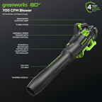 Greenworks 80V (700 CFM / 170 MPH) Brushless Cordless Leaf Blower  Commercial-Grade Power  40-Min Rapid Charger for Wet Leaves  Heavy Debris  Gravel and Driveway Snow  Includes 2.5Ah Battery & Charger