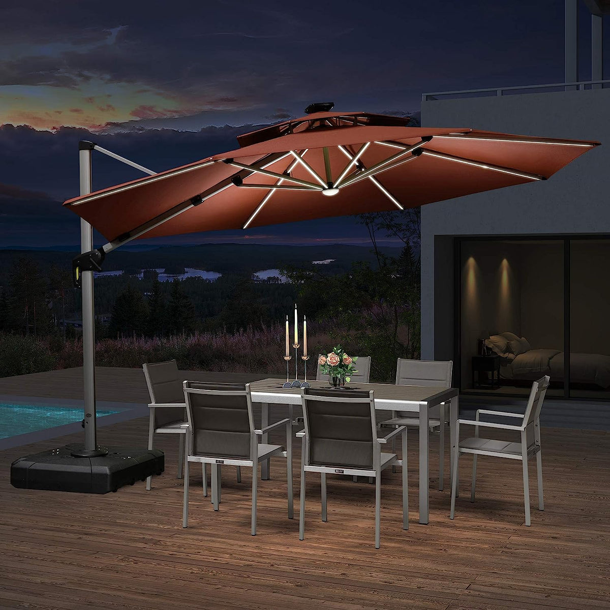 12ft Solar LED Patio Umbrella Outdoor Round Umbrella Large Cantilever Umbrella with LED Lights Windproof Bias Umbrella Heavy Duty Parasol for Garden Deck Pool Patio