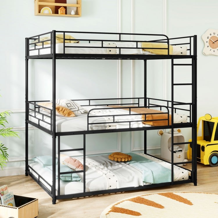 Metal Triple Bunk Bed with Safety Guardrails and 2 Ladders