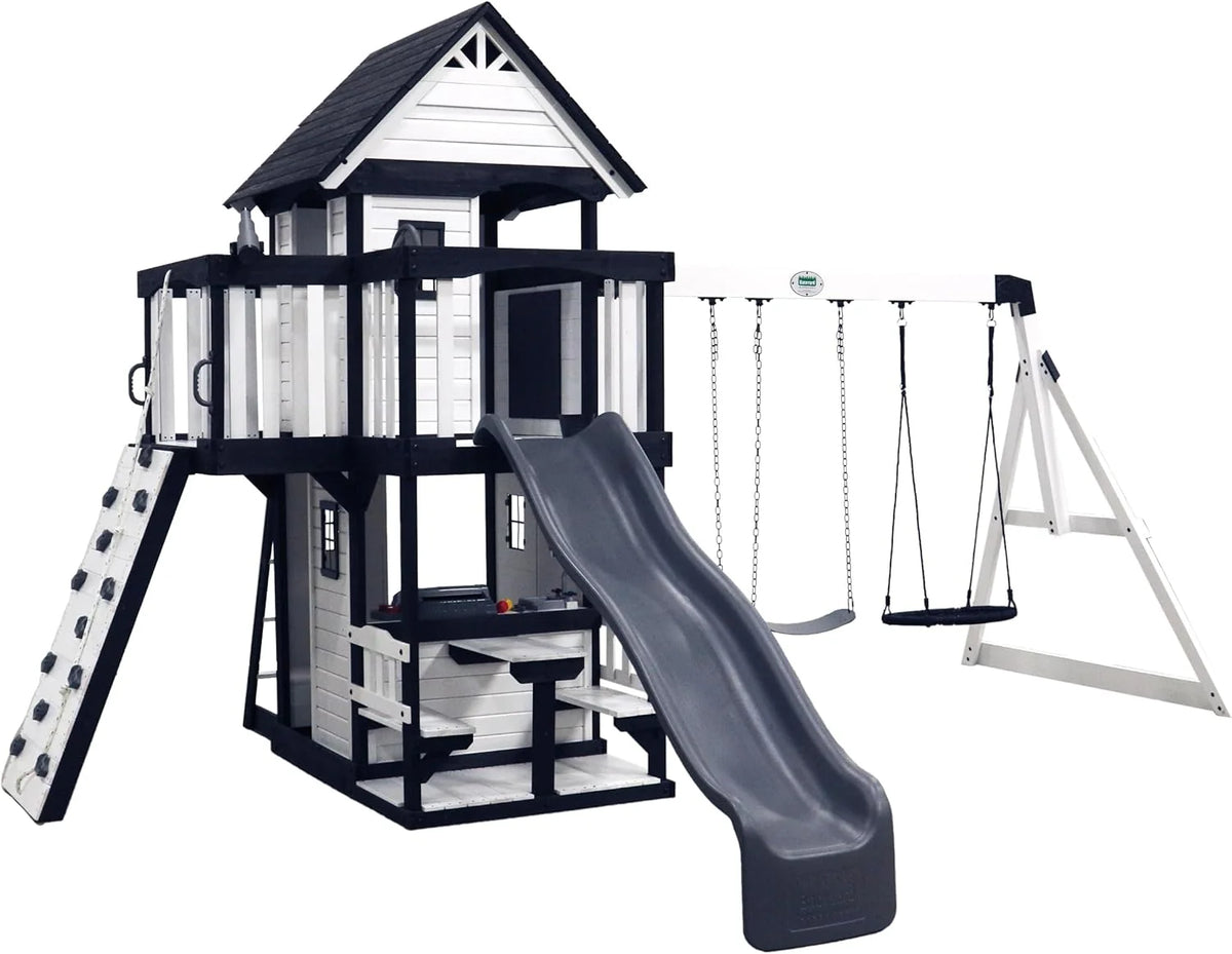 Canyon Creek Cedar Wood Swing Set with Wave Slide, Clubhouse, Play Kitchen, Picnic Area, Belt Swings, Web Swing, Rock Wall, Balconies, Playhouse, Step Ladder, Outdoor Playset