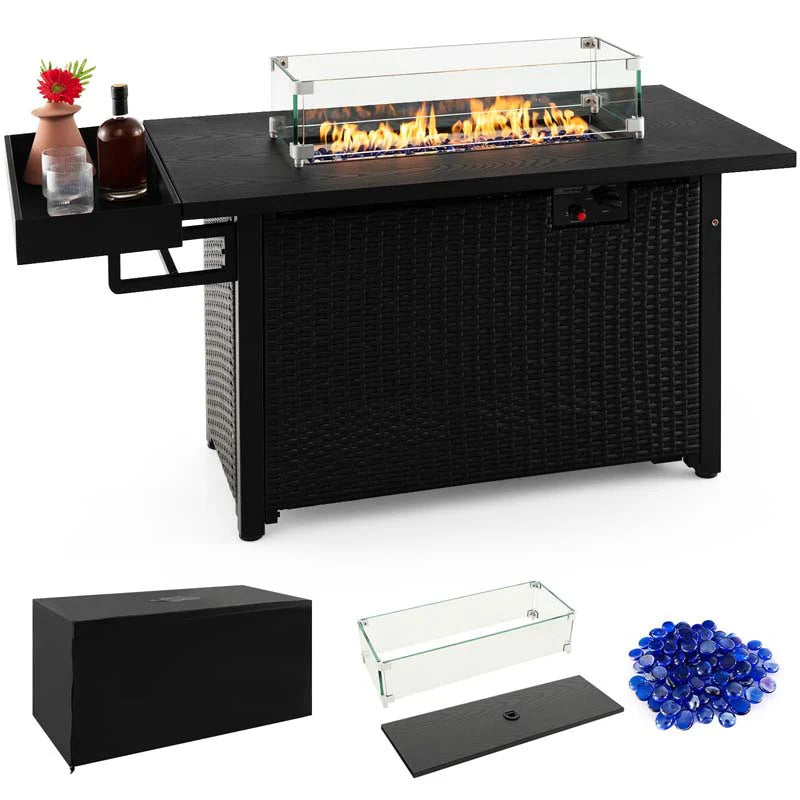 52" 50,000 BTU Outdoor Wicker Gas Fire Pit Propane Fire Table with Waterproof Cover, Wind Guard & Extended Storage Shelf for Patio Backyard