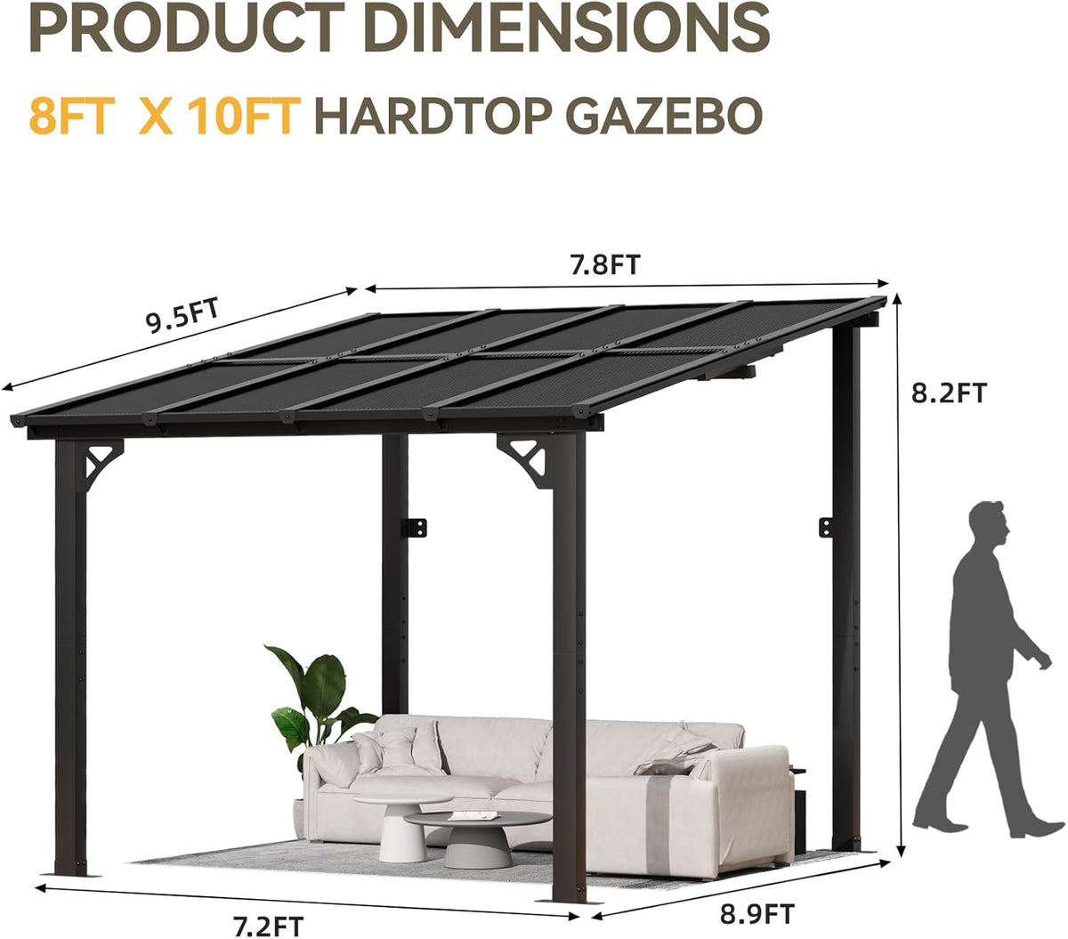 Aoxun 8’x10’ Gazebo  Wall Mounted Gazebos Pergola on Clearance  Outdoor Patio  Large Wall-Mounted Heavy Duty Awnings for Patio  Decks  Backyard (Black)