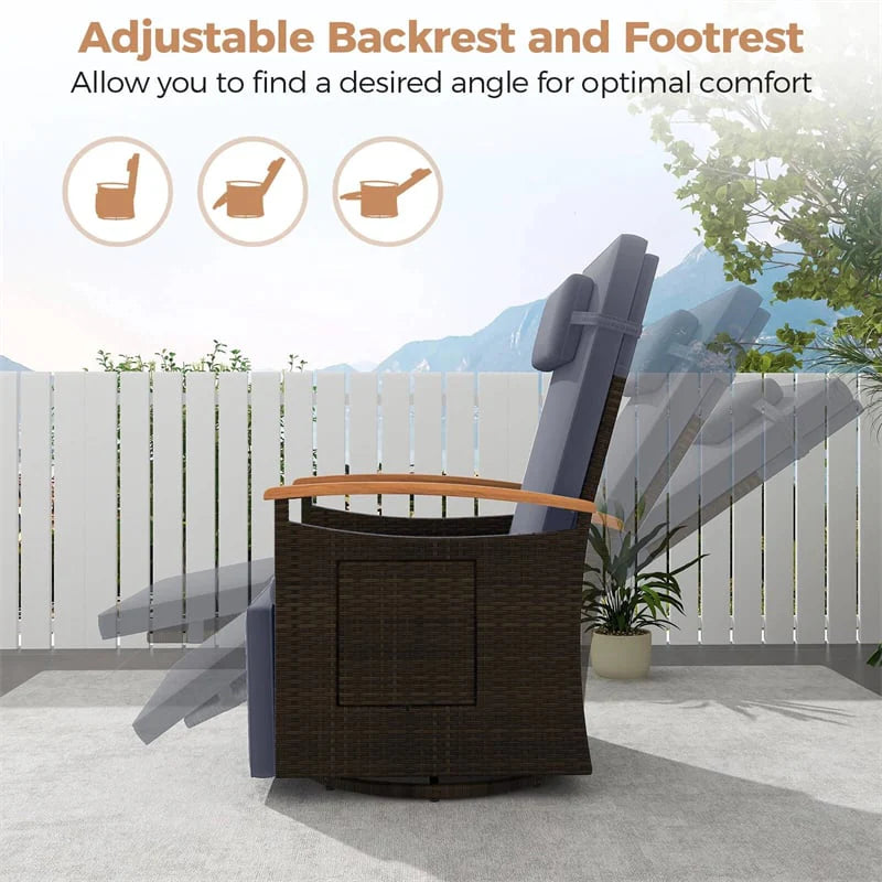Outdoor Rattan 360�� Swivel Recliner Chair, Patio Wicker Chaise Lounge Chair with Adjustable Backrest & Footrest, Flip Side Table & Cushions