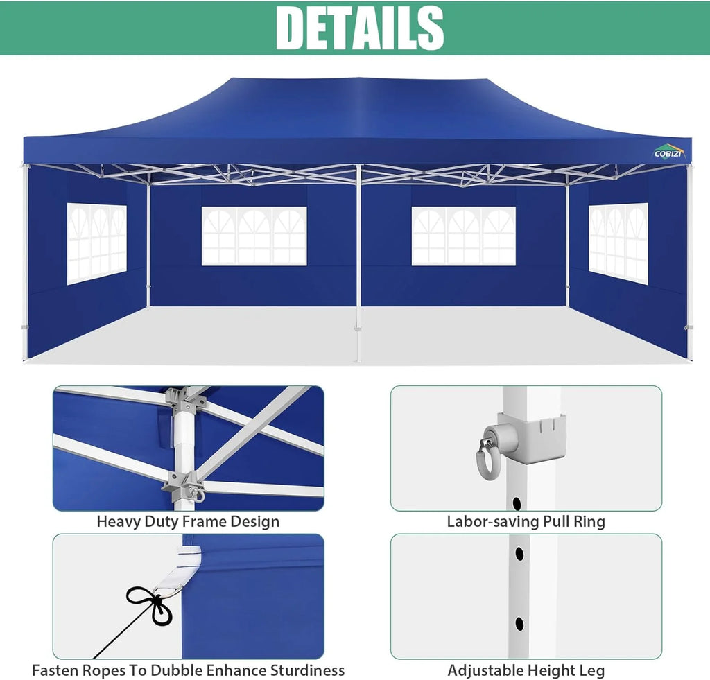 COBIZI 10x20 Heavy Duty Pop up Canopy Tent with 6 sidewalls Easy Up Commercial Outdoor Canopy Wedding Party Tents for Parties All Season Wind & Waterproof Gazebo with Roller Bag,Black(Frame Thickened)
