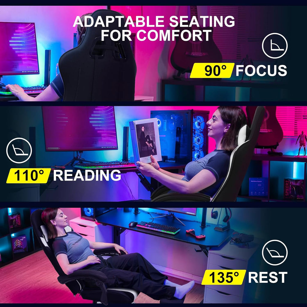 GTPLAYER Gaming Chair, Computer Chair with Footrest and Lumbar Support, Height Adjustable Game Chair with 360  -Swivel Seat and Headrest and for Office or Gaming (White)